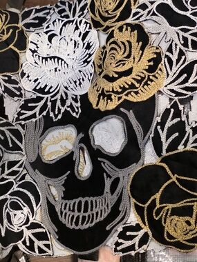 Black, Gold & Silver Embroidered Skull Decorative Table Runner 14x72